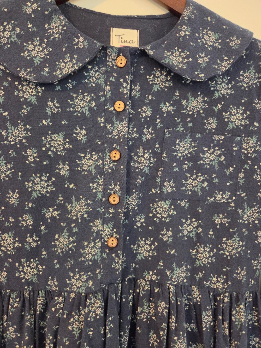 Navy/white floral dress S/M Peter Pan collar button down bodice cottage core - Picture 4 of 10